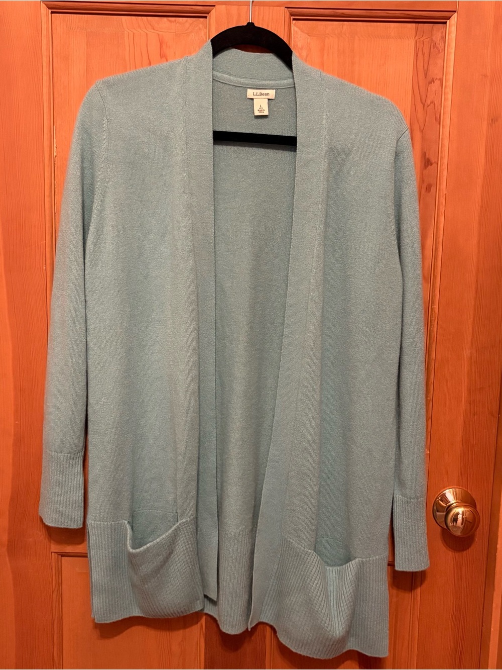 L.L. Bean Women's Soft Baby Blue 100% Cashmere Open-Front Longline Cardigan, LP